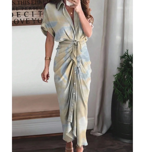 Tie Dye Batwing Sleeve Button Down Belted Midi Dress - Picture 2 of 4